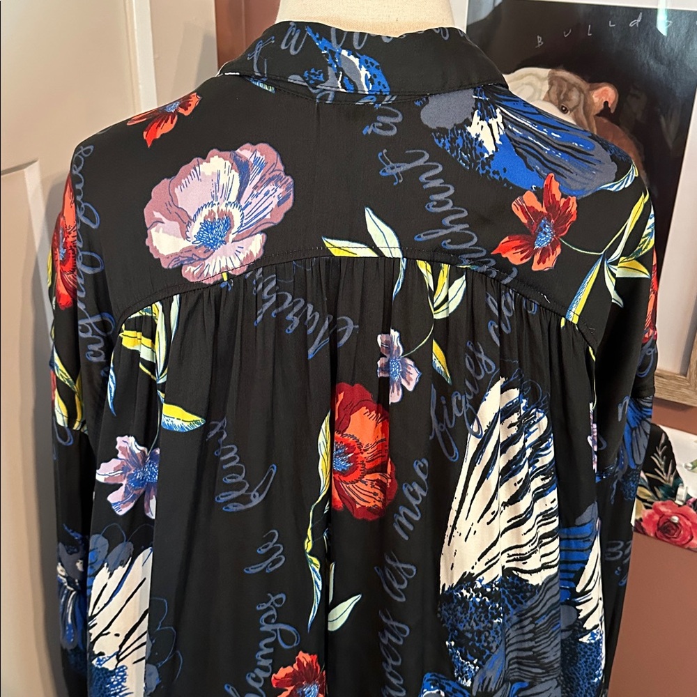 Free People Silky Nights Floral birds whimsical Black M oversized hi lo blouse - Picture 8 of 11